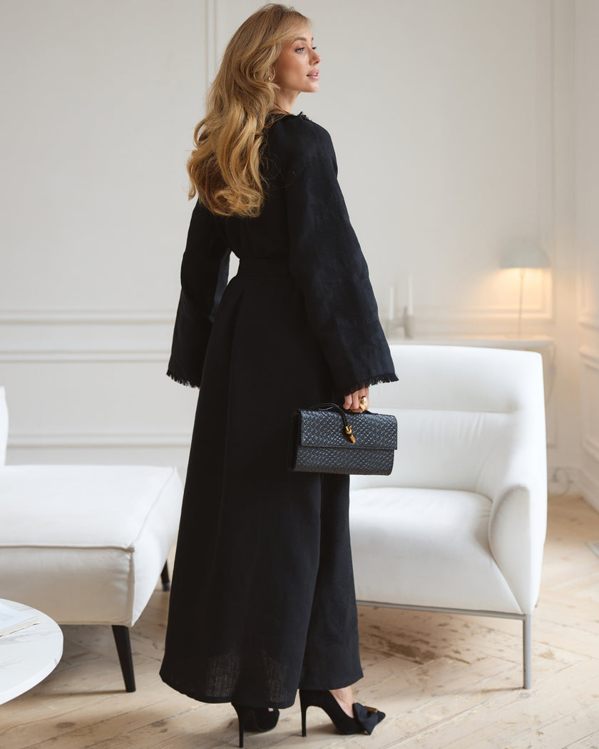 Black Embroidered Linen Maxi Dress | ZALXNDRA