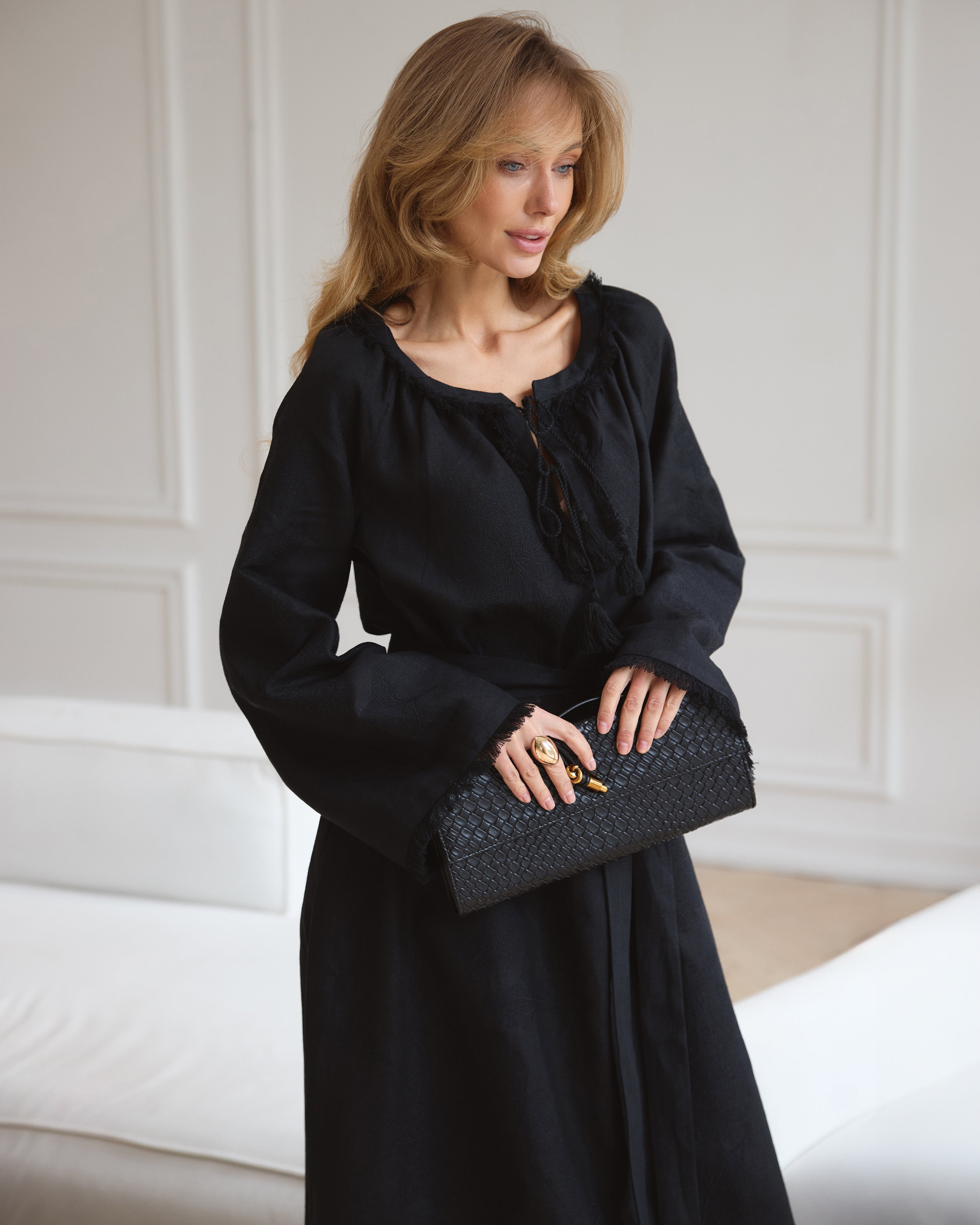 Black Embroidered Linen Maxi Dress | ZALXNDRA