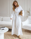 White Tonal Floral Embroidered Linen Kaftan Maxi Dress with Angel Sleeves