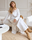 White Tonal Floral Embroidered Linen Kaftan Maxi Dress with Angel Sleeves