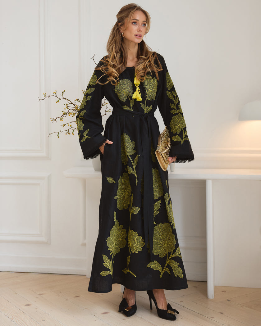 Black Embroidered Linen Maxi Dress | ZALXNDRA