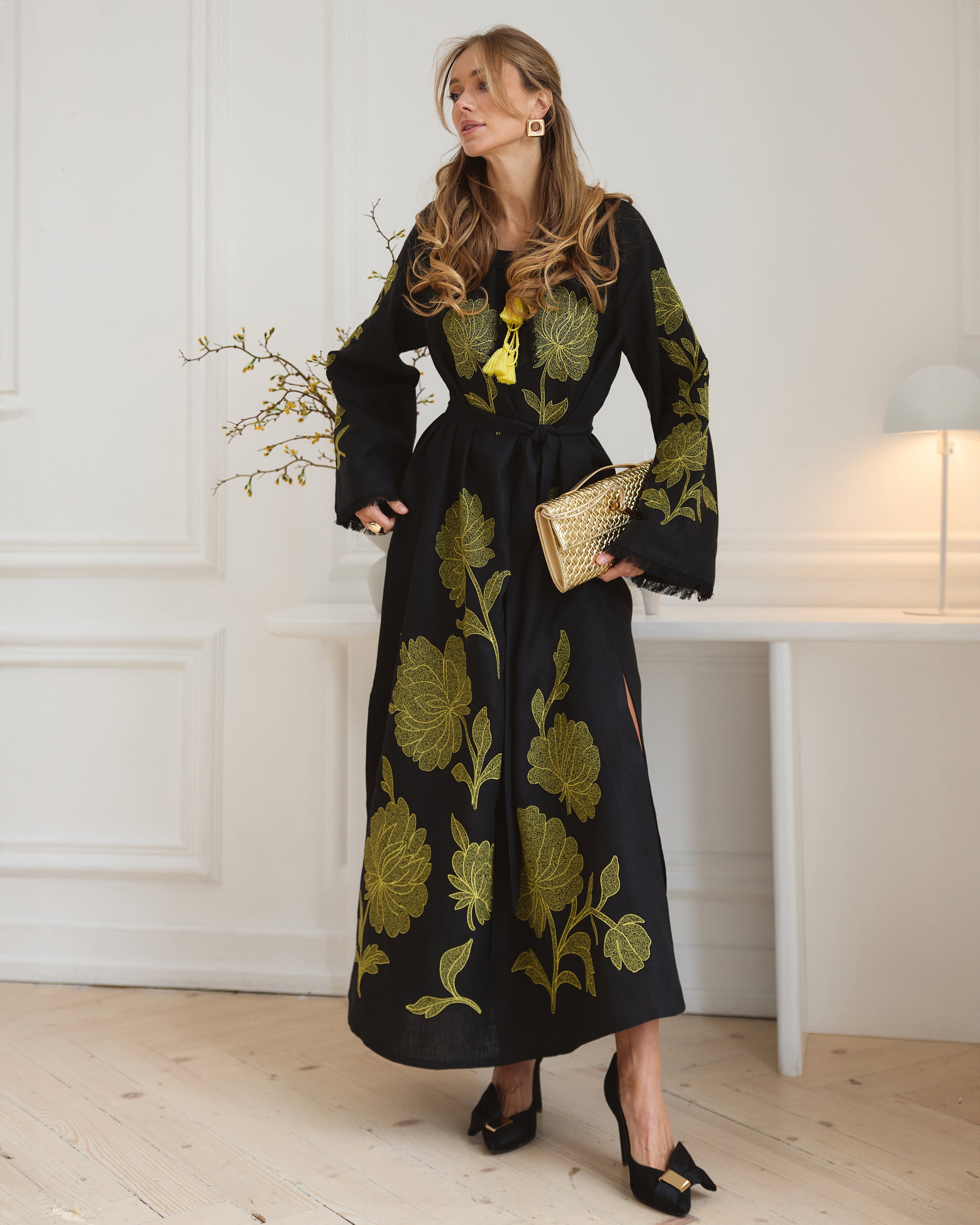 Black Embroidered Linen Maxi Dress | ZALXNDRA