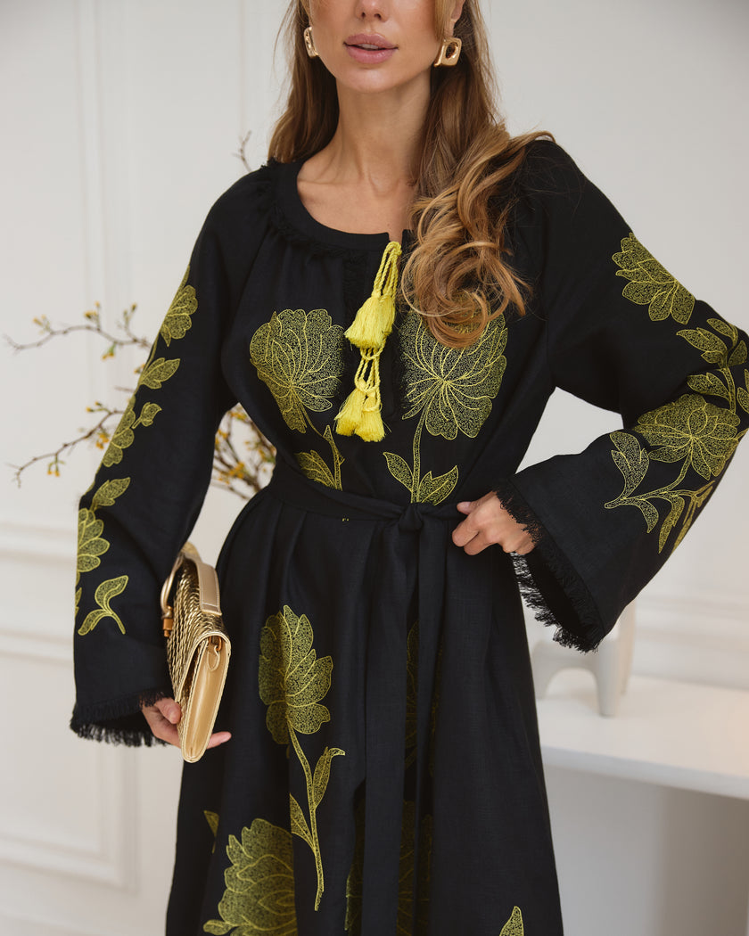 Black Embroidered Linen Maxi Dress | ZALXNDRA