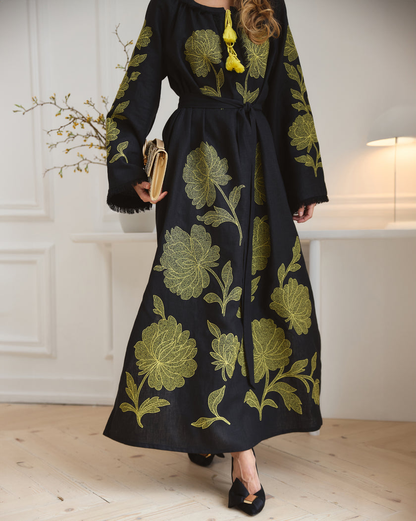 Black Embroidered Linen Maxi Dress | ZALXNDRA