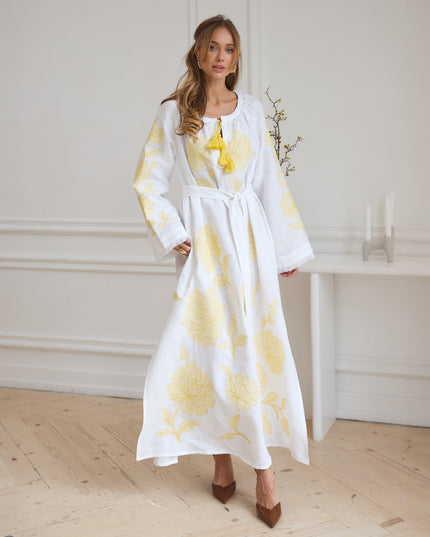 White Embroidered Linen Maxi Dress | ZALXNDRA