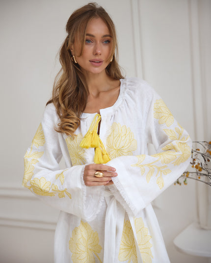 White Embroidered Linen Maxi Dress | ZALXNDRA