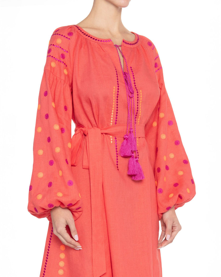 Coral Magenta Polka Dot Embroidered Linen Mini Kaftan Dress