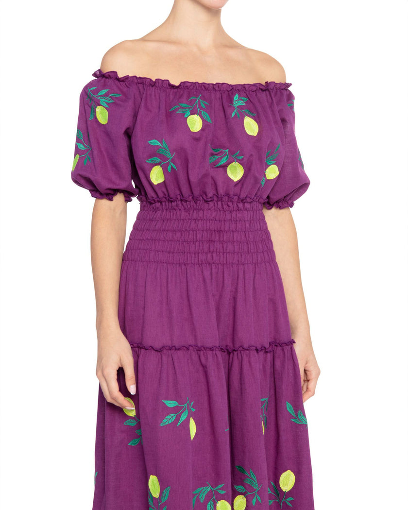 Plum Purple Lemon Embroidered Linen Off-Shoulder Midi Dress
