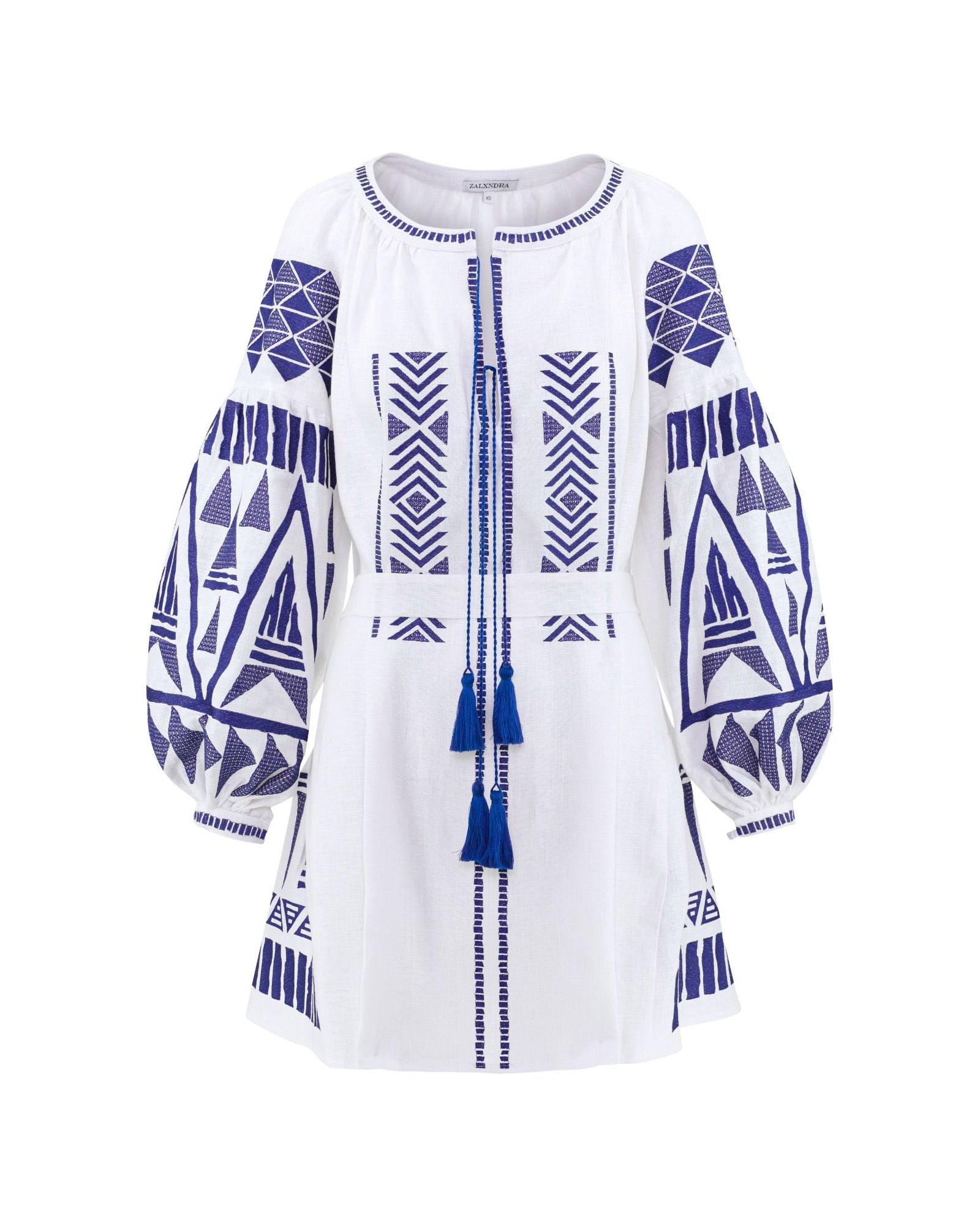 White Embroidered Linen Mini Dress – Balloon Sleeves || ZALXNDRA