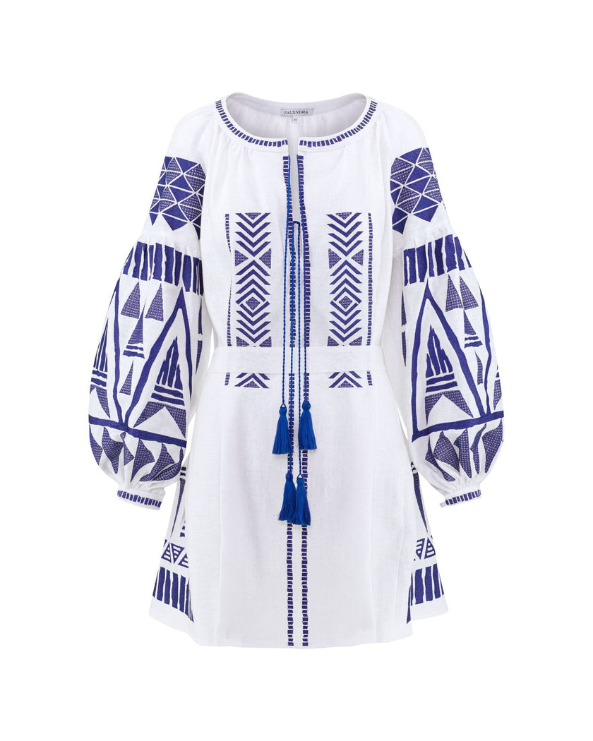 White Embroidered Linen Mini Dress – Balloon Sleeves | ZALXNDRA