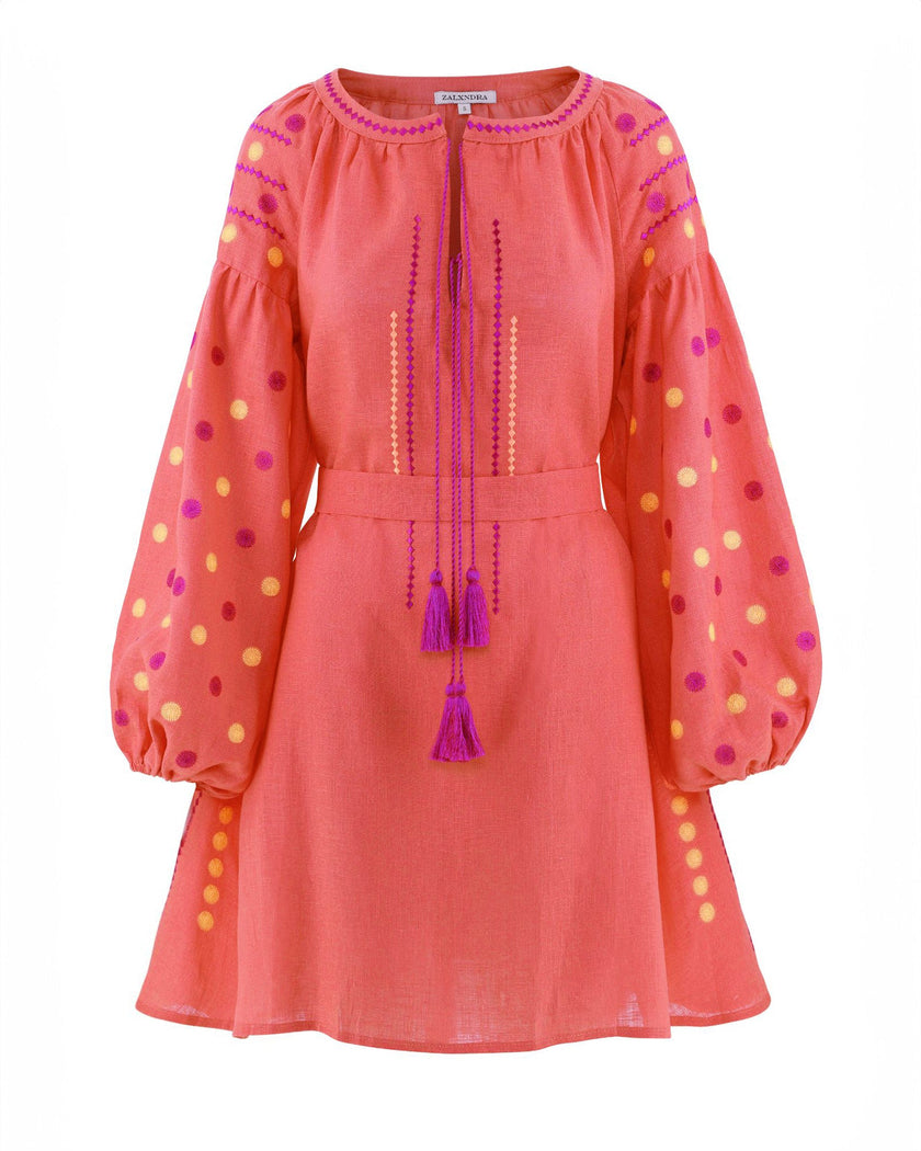 Coral Magenta Polka Dot Embroidered Linen Mini Kaftan Dress