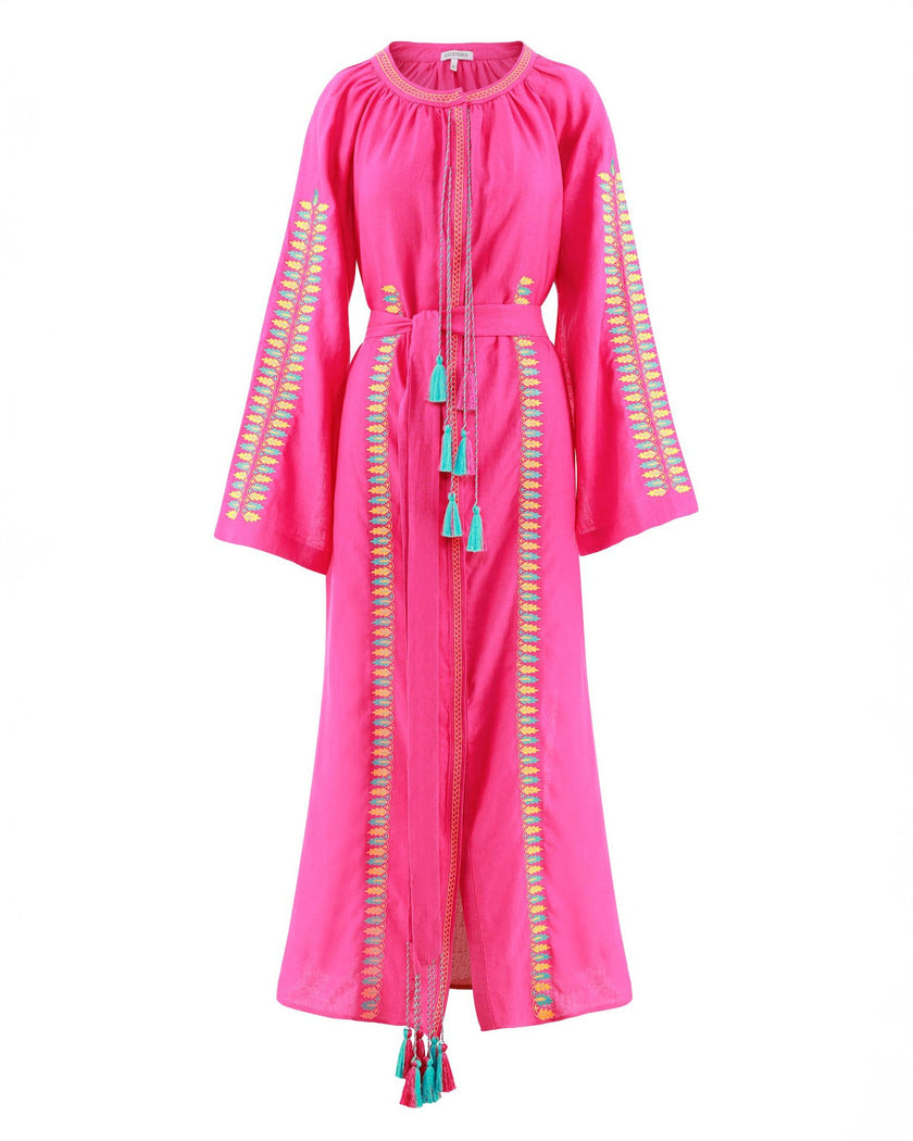 Fuchsia Multi-Color Floral Embroidered Linen Kaftan Maxi Dress