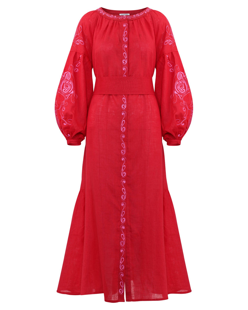Scarlet Red and Pink Embroidered Linen Kaftan Maxi Dress with Balloon Sleeves