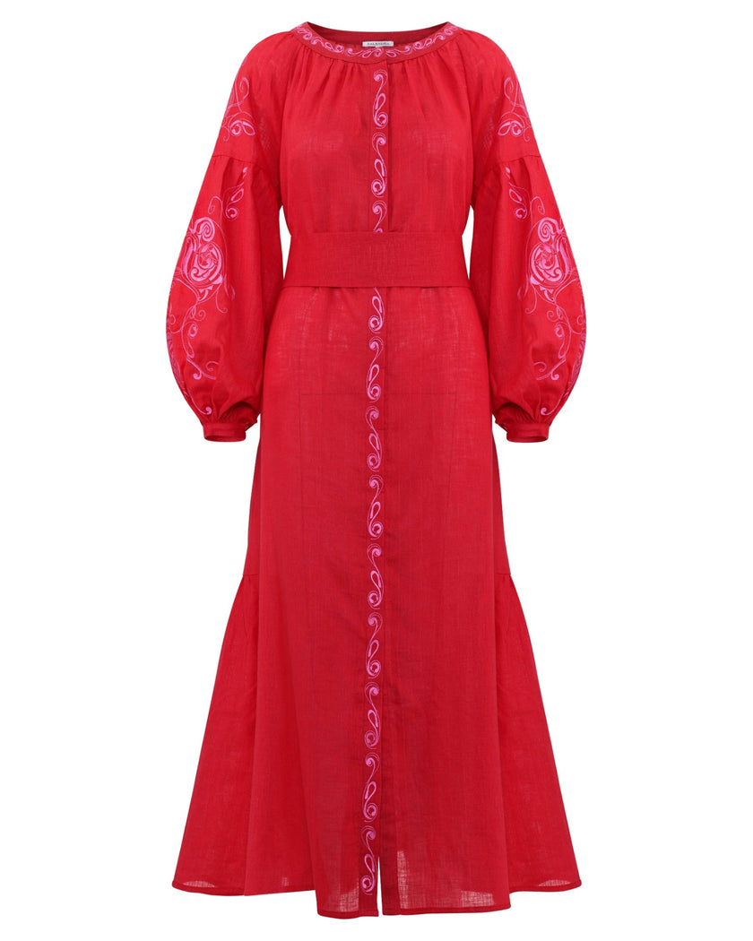 Scarlet Red Embroidered Linen Maxi Dress – Balloon Sleeves