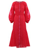 Scarlet Red Embroidered Linen Maxi Dress – Balloon Sleeves