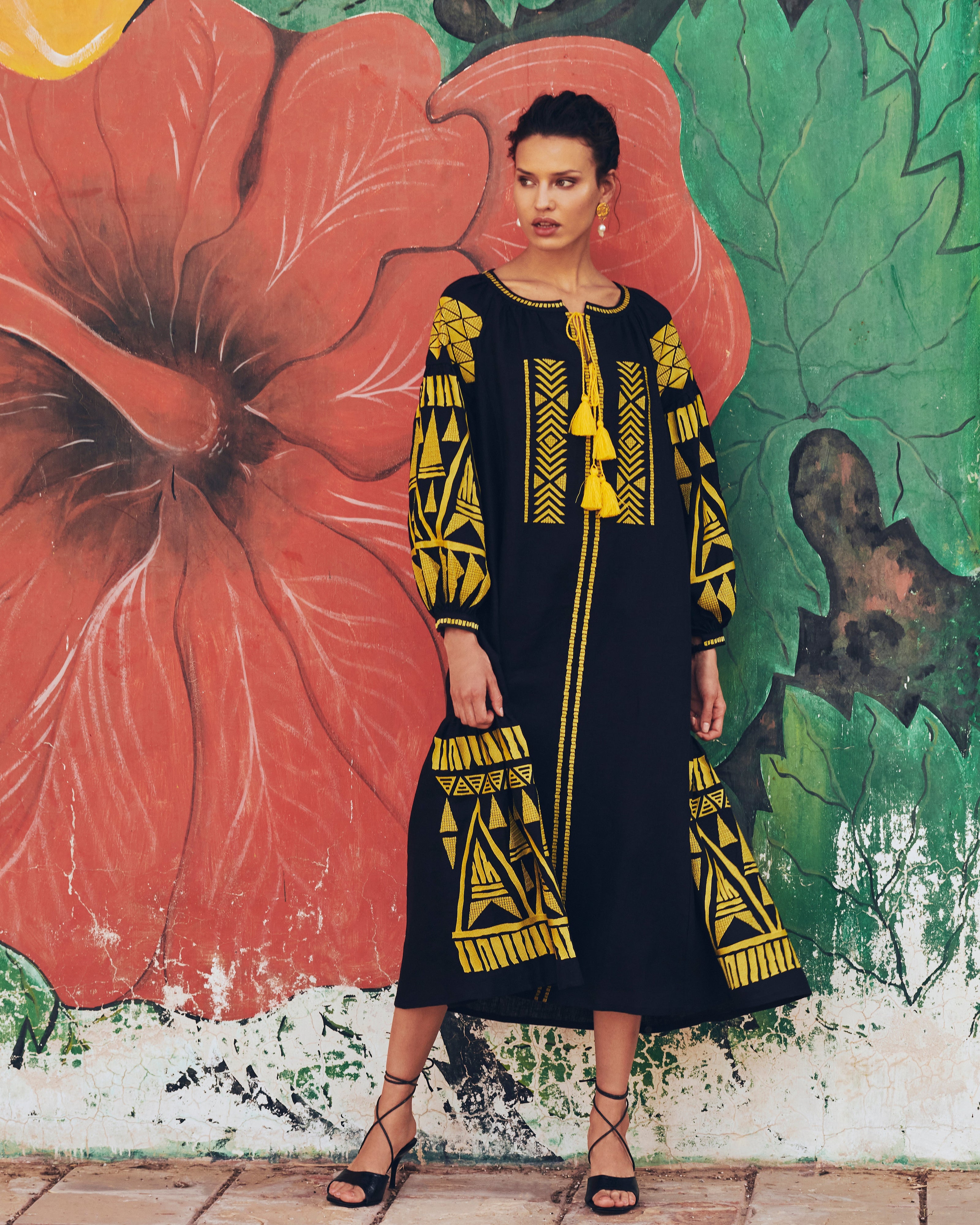 Black Embroidered Linen Maxi Dress – Balloon Sleeves || ZALXNDRA