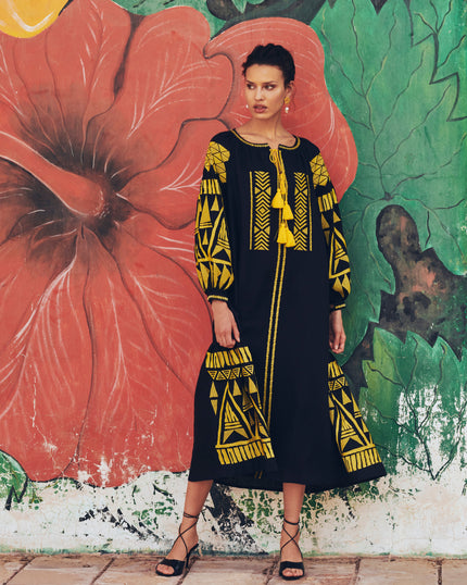 Black Embroidered Linen Maxi Dress – Balloon Sleeves | ZALXNDRA