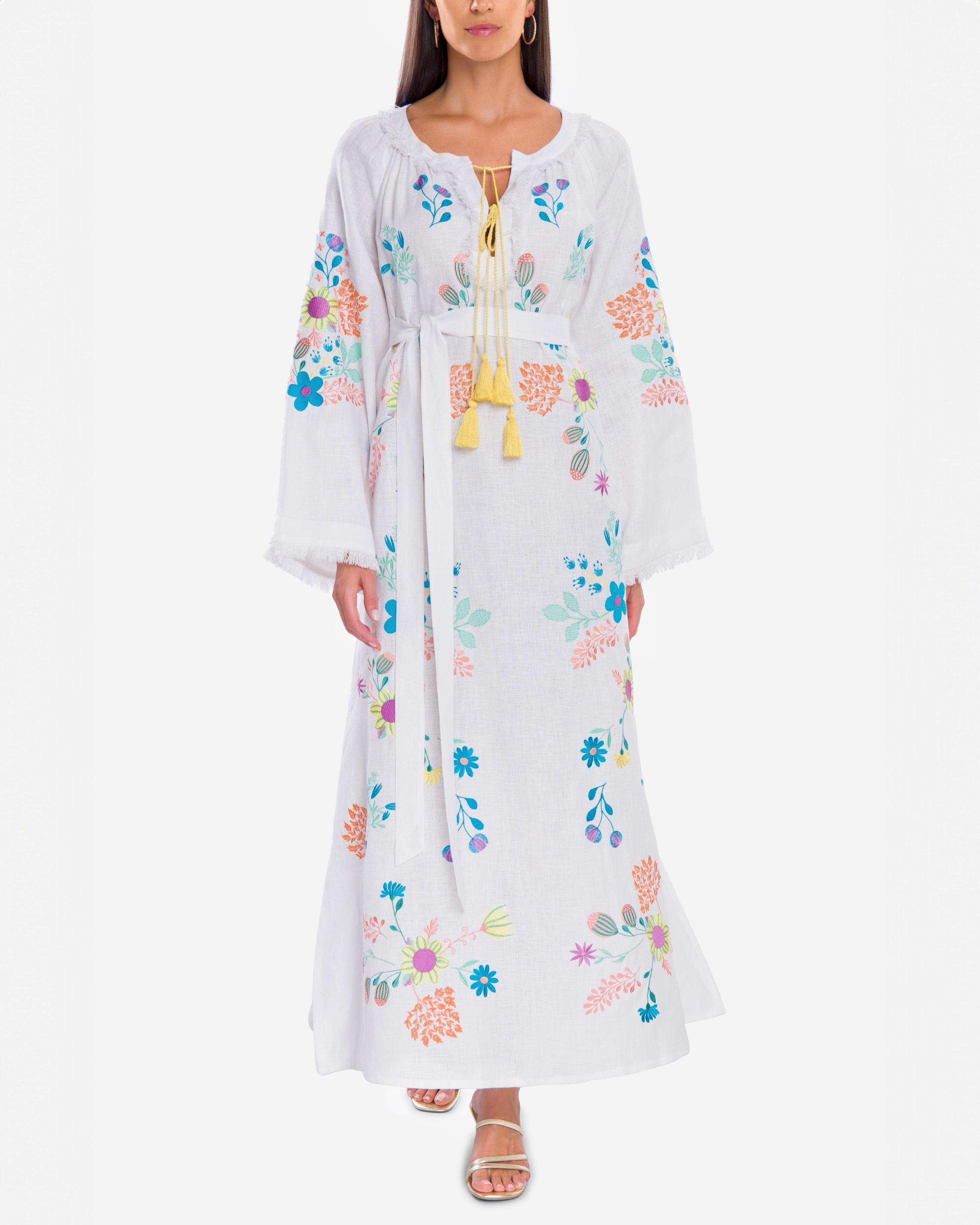 White Embroidered Linen Maxi Dress | ZALXNDRA