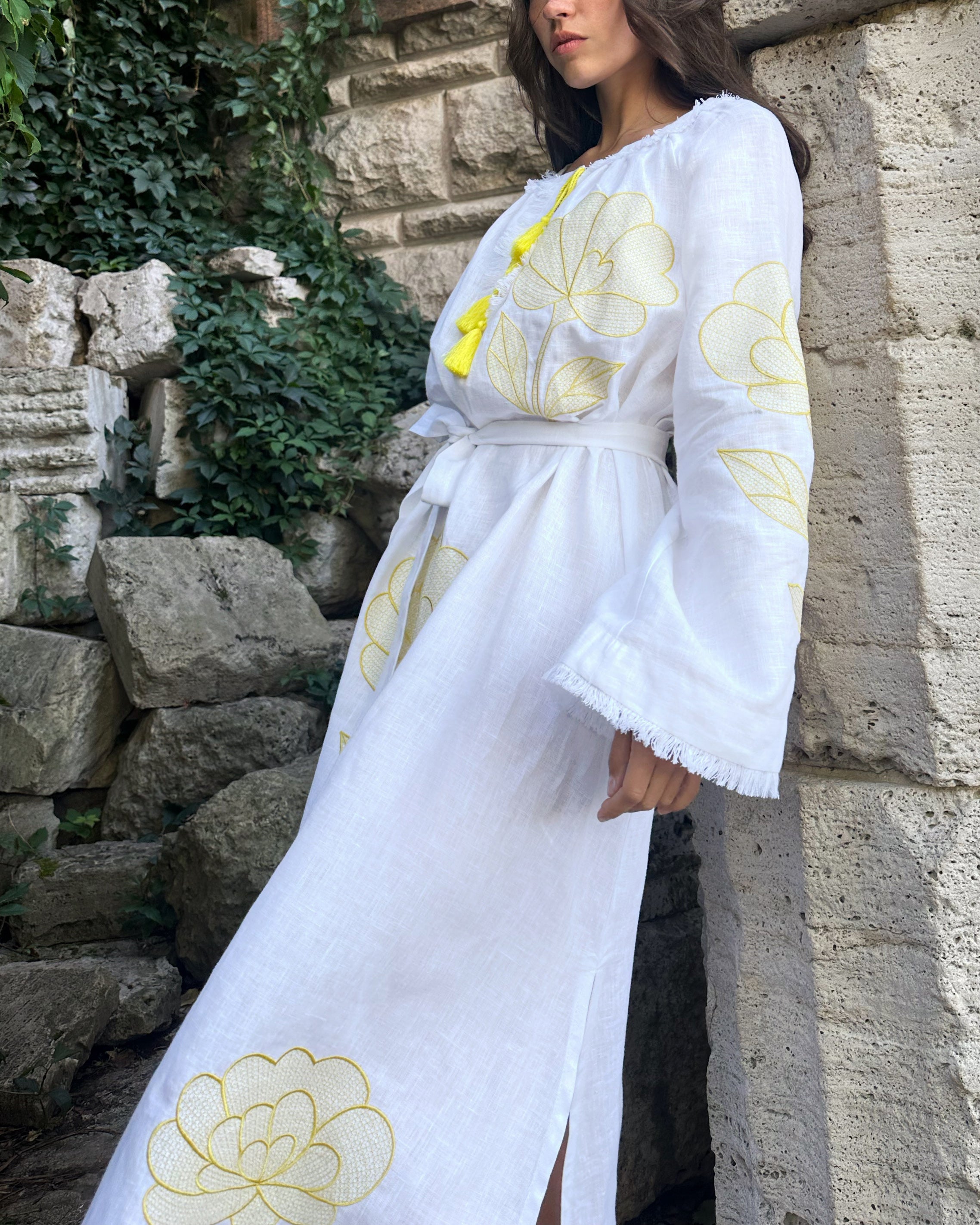 White Embroidered Linen Maxi Dress || ZALXNDRA