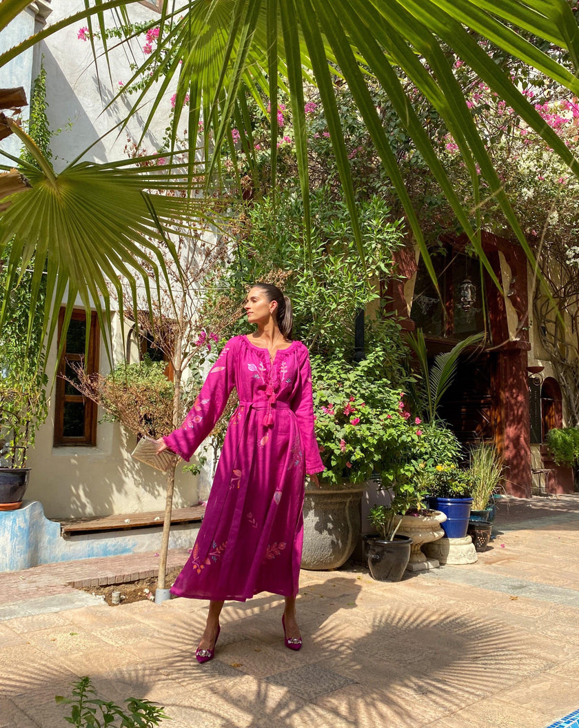 Deep Fuchsia Embroidered Linen Maxi Dress | ZALXNDRA