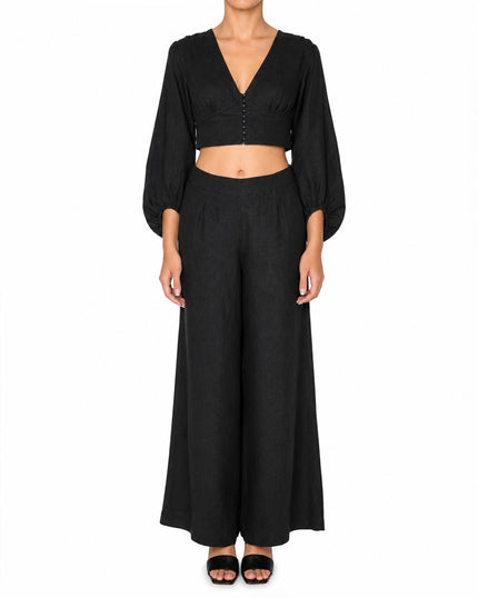 Black Linen V-Neck Crop Top and Palazzo Pants Co-ord Set