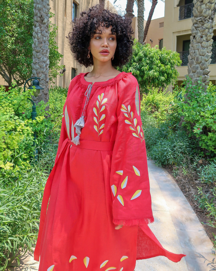 Scarlet Red Yellow Silver Floral Embroidered Linen Kaftan Maxi Dress