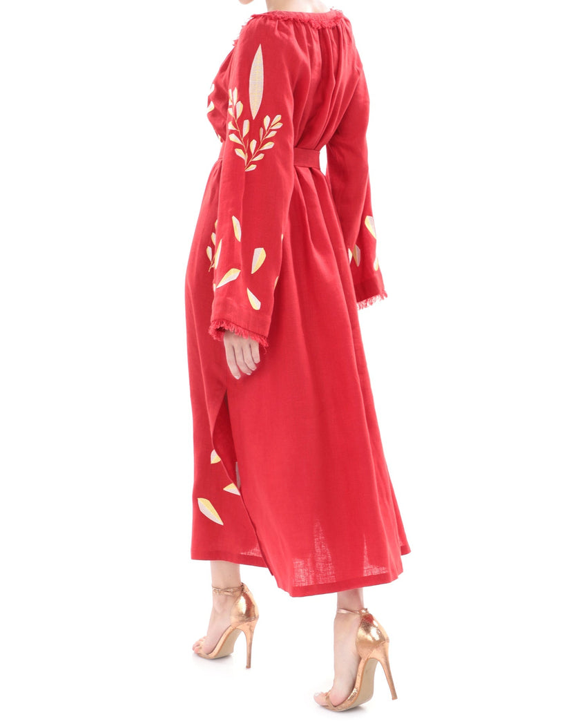 Scarlet Red Embroidered Linen Maxi Dress | ZALXNDRA