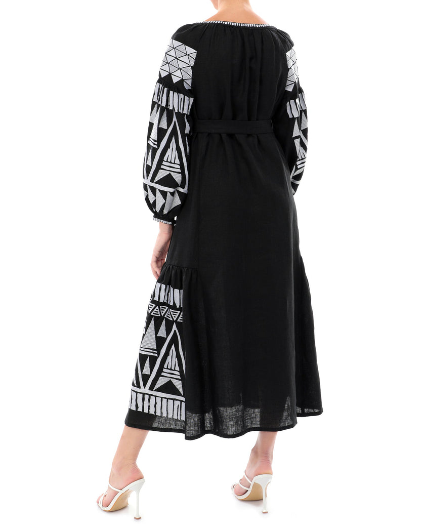 Black Embroidered Linen Maxi Dress – Balloon Sleeves | ZALXNDRA