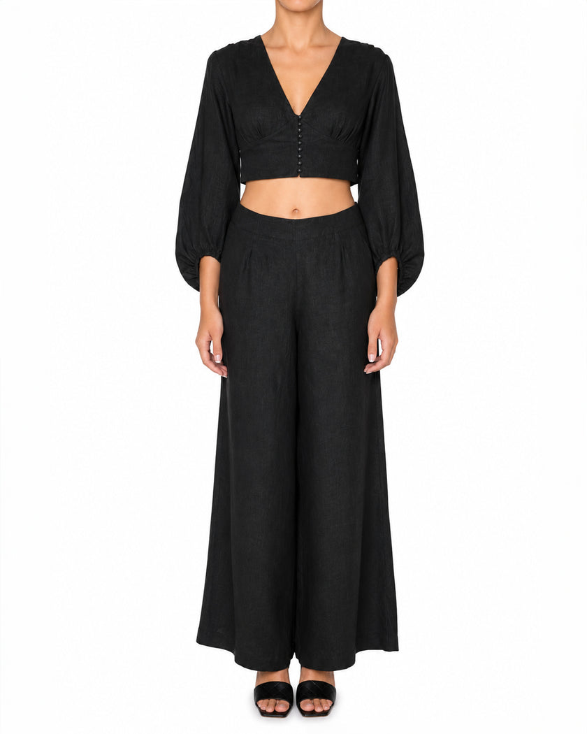 Black Linen V-Neck Crop Top and Palazzo Pants Co-ord Set