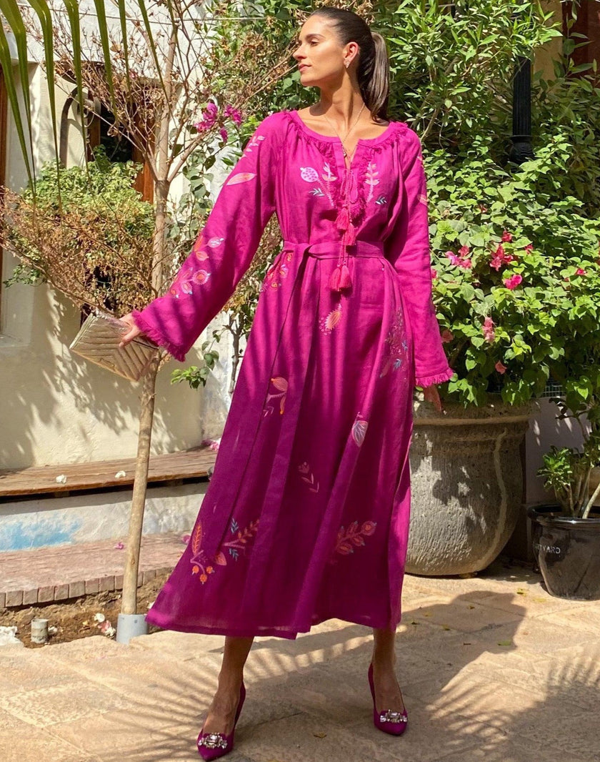 Deep Fuchsia Floral Embroidered Linen Kaftan Maxi Dress