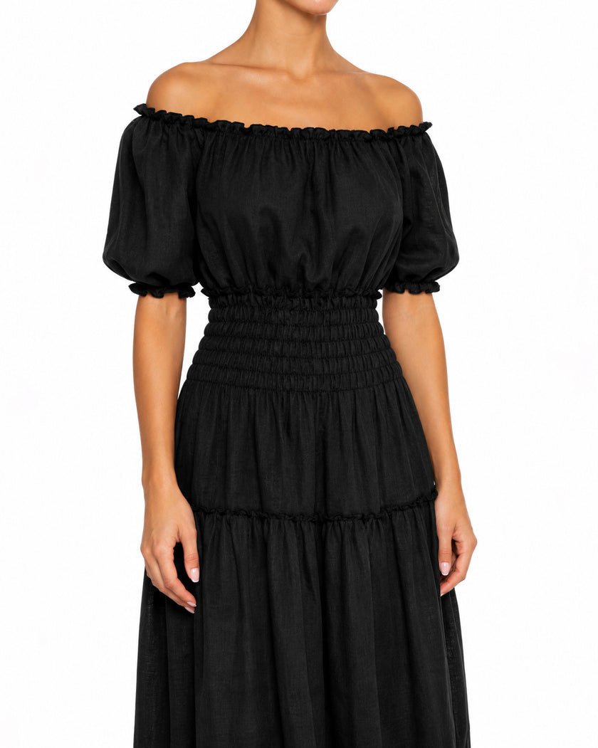 Black Linen Off-Shoulder Midi Dress