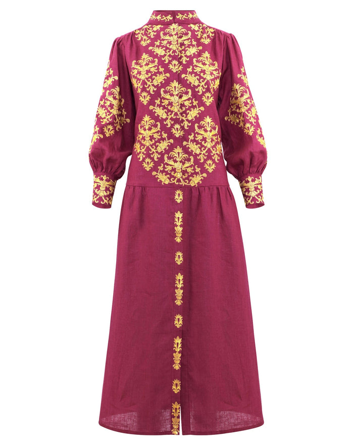 Robe longue en lin brodé bordeaux | ZALXNDRA