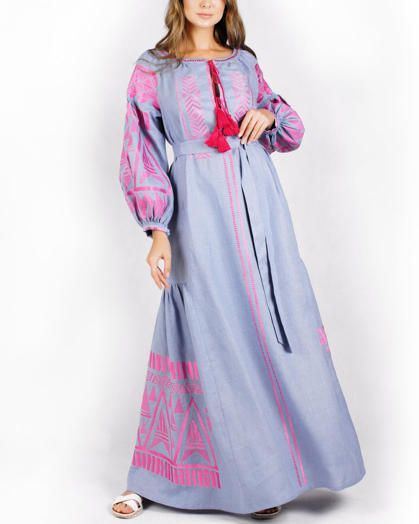 Chambray Blue Pink Geometric Embroidered Extra-Long Linen Kaftan Maxi Dress