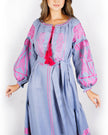 Dark Powder Blue Embroidered Linen Long Dress – Balloon Sleeves