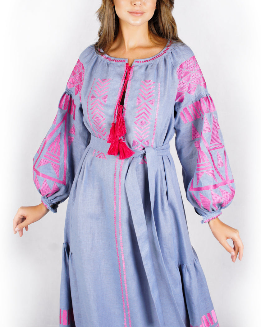 Chambray Blue Pink Geometric Embroidered Extra-Long Linen Kaftan Maxi Dress