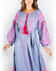 Dark Powder Blue Embroidered Linen Long Dress – Balloon Sleeves