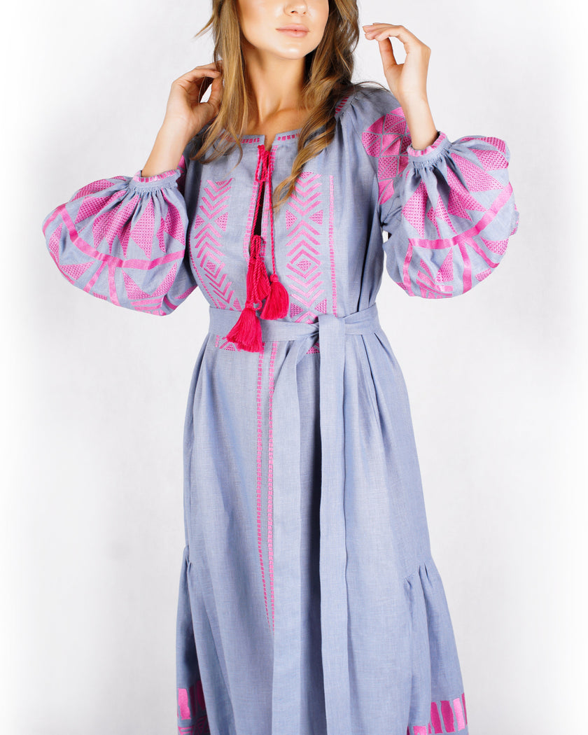 Chambray Blue Pink Geometric Embroidered Extra-Long Linen Kaftan Maxi Dress