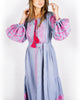 Dark Powder Blue Embroidered Linen Long Dress – Balloon Sleeves