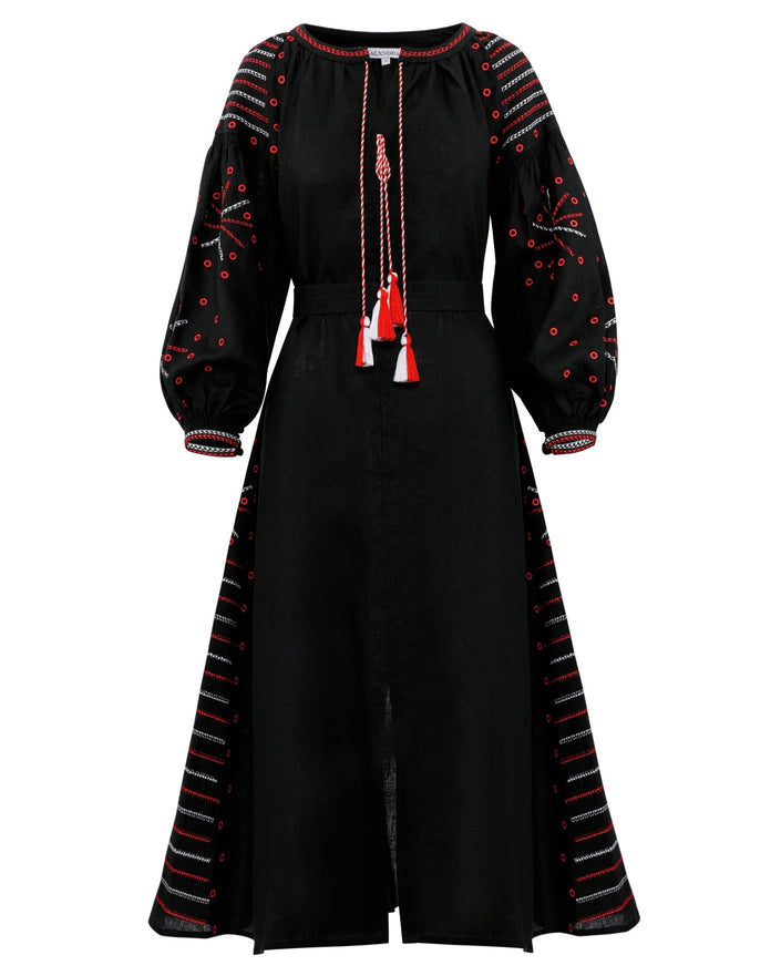 Robe longue en lin brodé noir – Manches ballon || ZALXNDRA