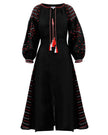 Robe longue en lin brodé noir – Manches ballon | ZALXNDRA