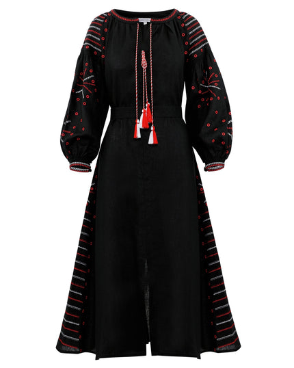 Robe longue en lin brodé noir – Manches ballon | ZALXNDRA