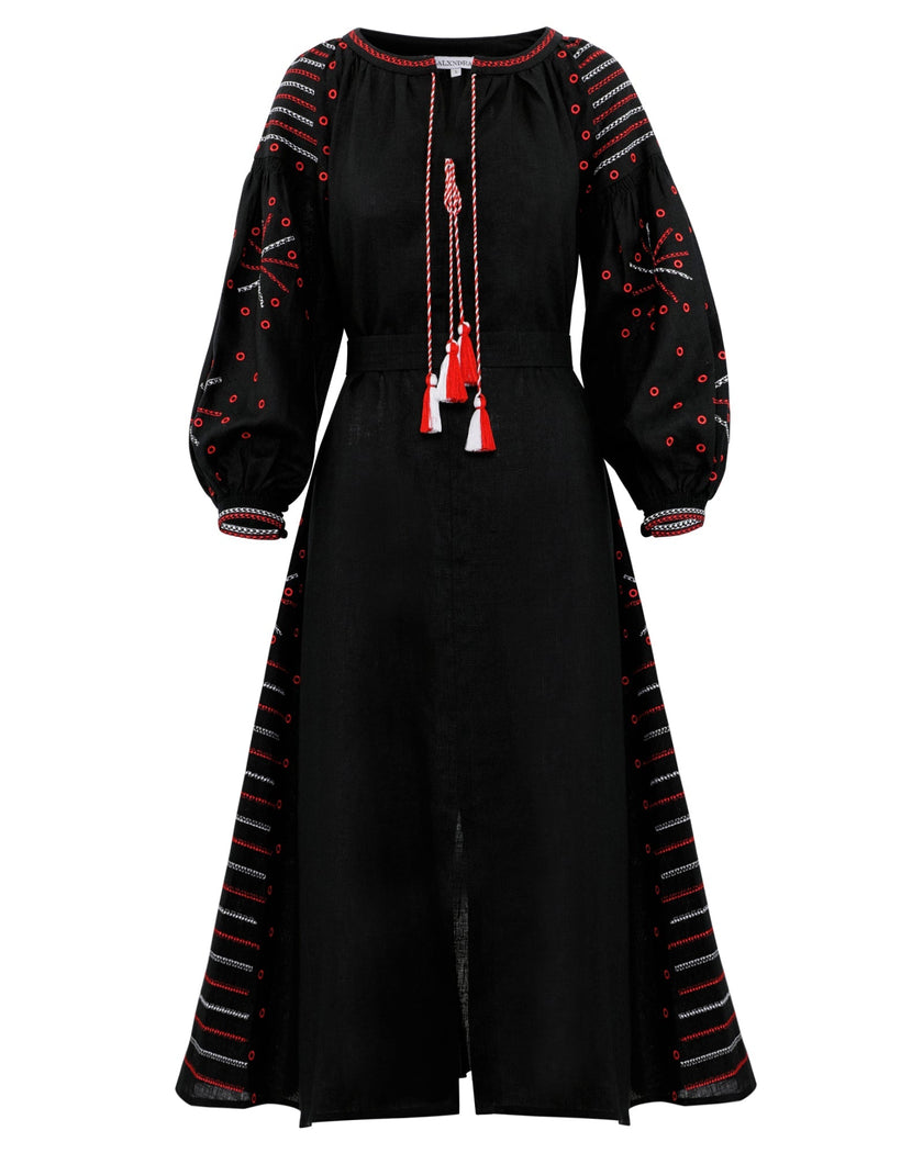 Black Embroidered Linen Maxi Dress – Balloon Sleeves | ZALXNDRA