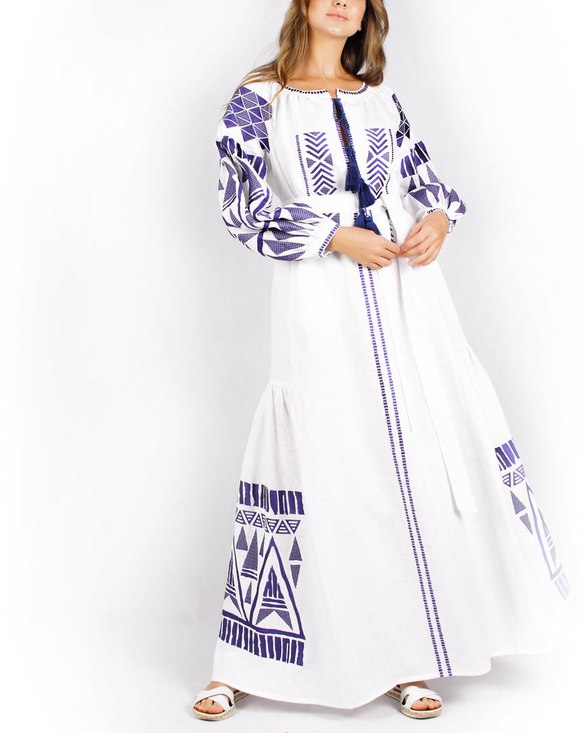 White Blue Geometric Embroidered Extra-Long Linen Kaftan Maxi