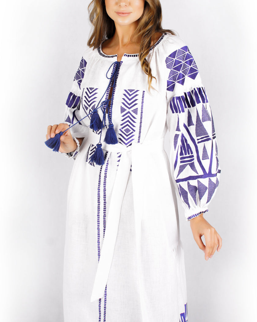 White Blue Geometric Embroidered Extra-Long Linen Kaftan Maxi