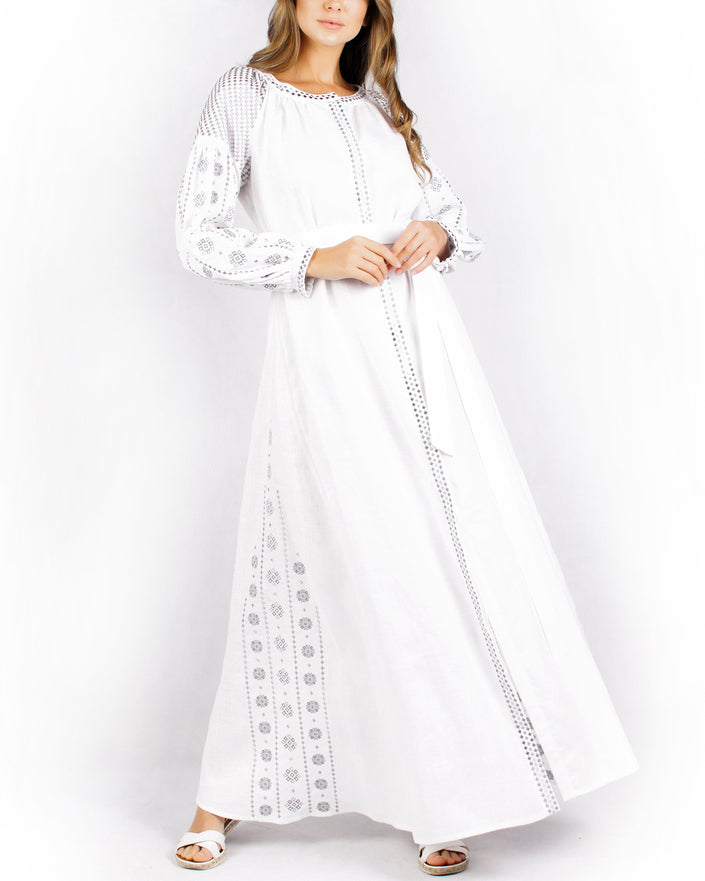 White Silver Geometric Embroidered Linen Kaftan Maxi Dress