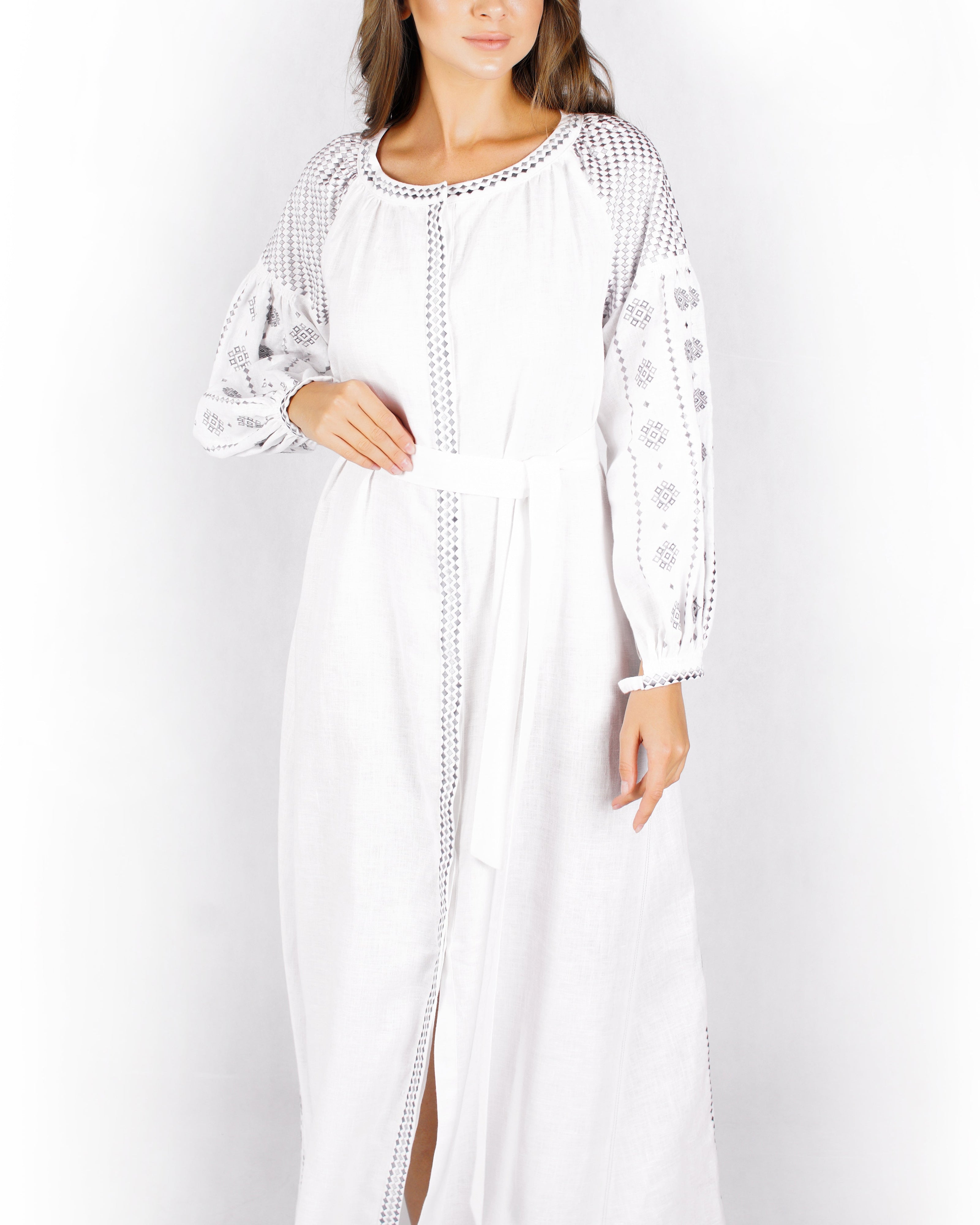 White Embroidered Linen Long Dress – Balloon Sleeves | ZALXNDRA