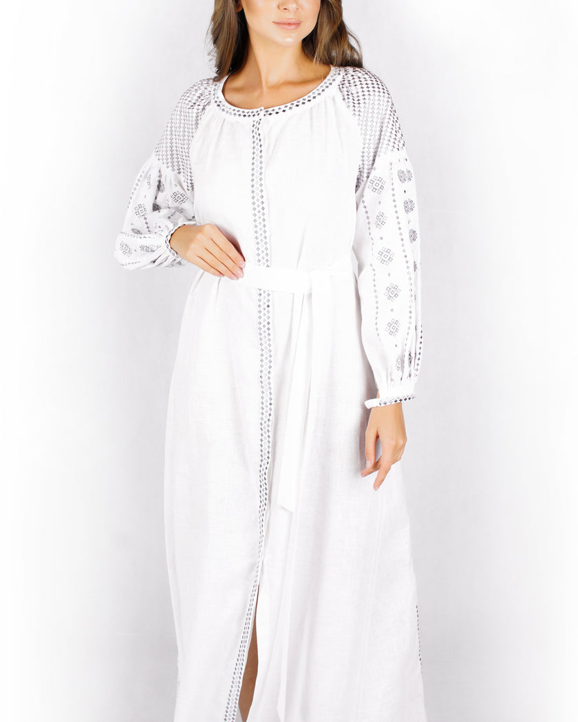 White Silver Geometric Embroidered Linen Kaftan Maxi Dress