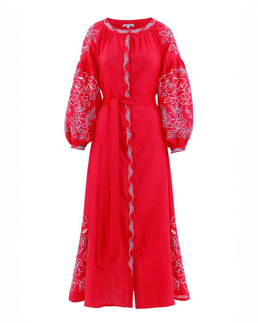 Scarlet Red Embroidered Linen Maxi Dress – Balloon Sleeves