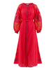 Scarlet Red Embroidered Linen Maxi Dress – Balloon Sleeves