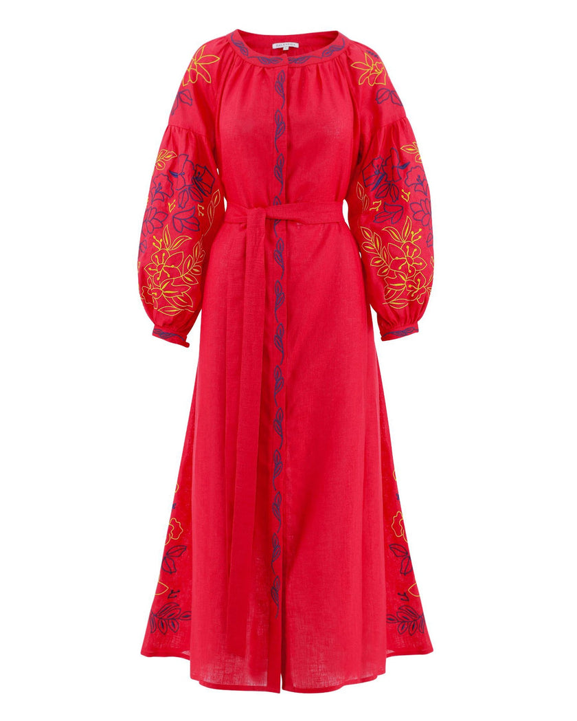 Scarlet Red Yellow Blue Floral Embroidered Linen Kaftan Maxi Dress